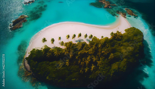 An idyllic drone view of a tropical island, surrounded by crystal-clear turquoise waters, white sandy beaches stretching along the coastline, Created using generative AI tools