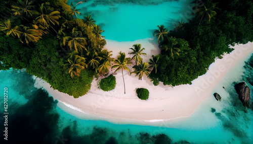 An idyllic drone view of a tropical island, surrounded by crystal-clear turquoise waters, white sandy beaches stretching along the coastline, Created using generative AI tools