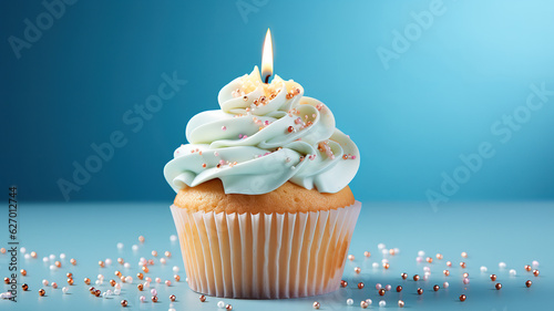 A cupcake with a lit candle on it. Generative Ai