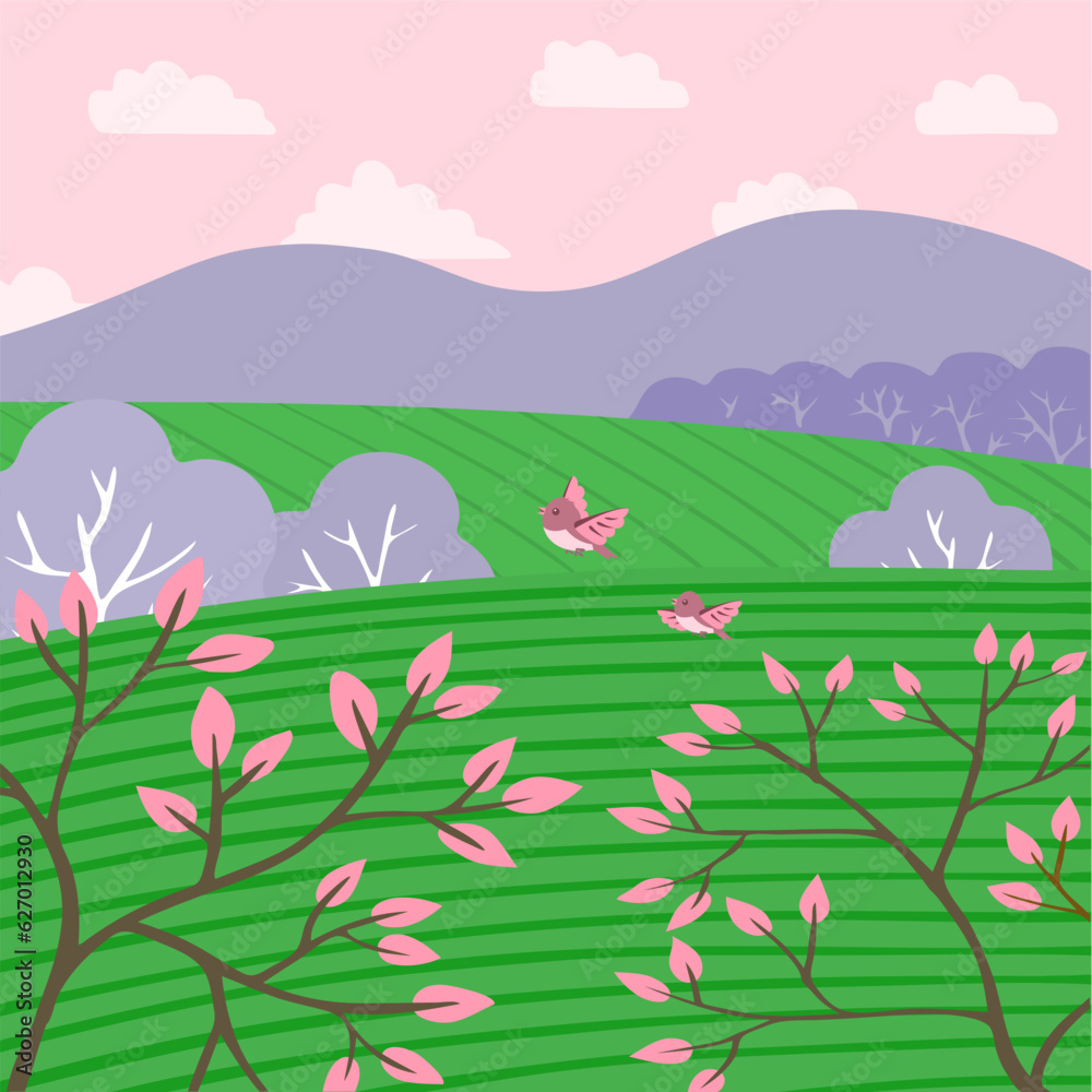 Cute spring landscape with fields and forests. Beautiful view. Leaves on the trees, birds fly. Green grass. Mountain and sky with clouds. Cartoon vector illustration