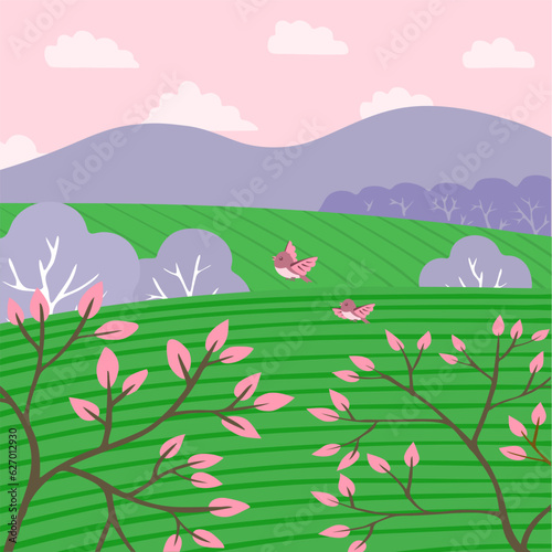 Cute spring landscape with fields and forests. Beautiful view. Leaves on the trees  birds fly. Green grass. Mountain and sky with clouds. Cartoon vector illustration