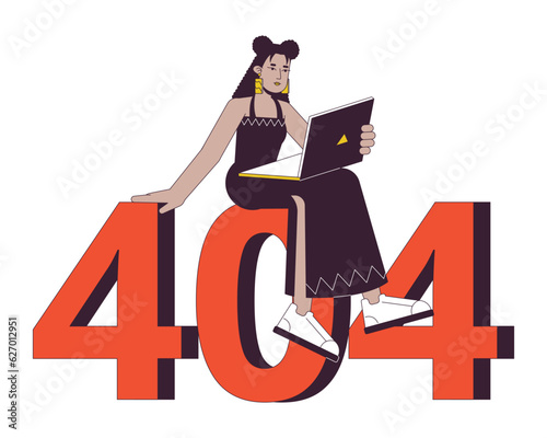 Busy hispanic freelancer error 404 flash message. Remote work on laptop. Empty state ui design. Page not found popup cartoon image. Vector flat illustration concept on white background
