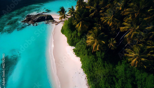 An idyllic drone view of a tropical island, surrounded by crystal-clear turquoise waters, white sandy beaches stretching along the coastline, Created using generative AI tools