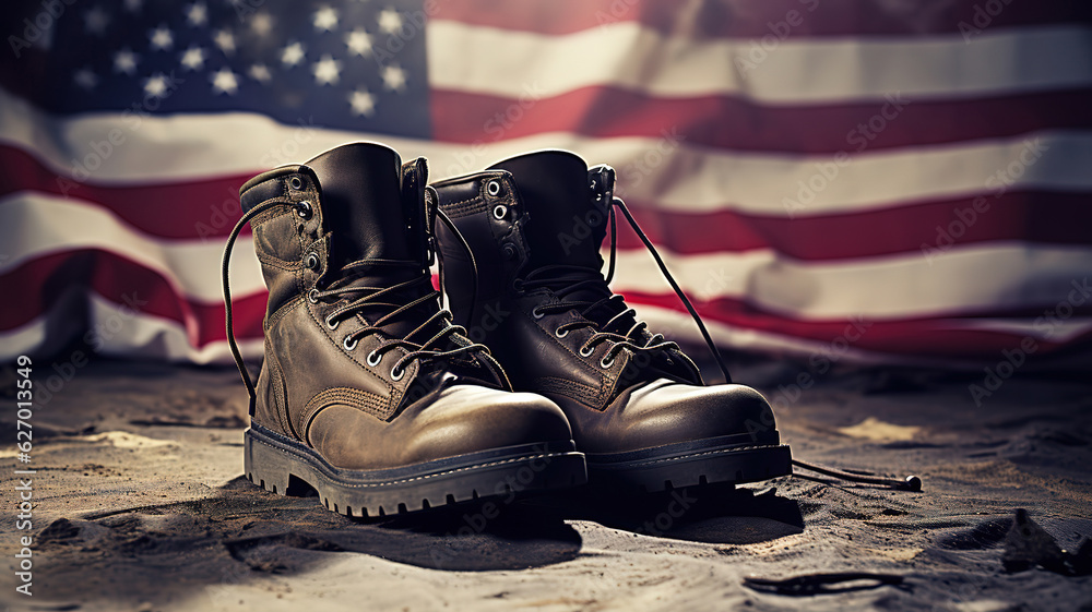 Old military combat boots with dog tags and two small American flags ...