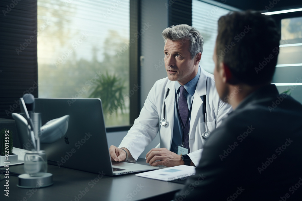 View over client shoulder, patient in doctors office discussing medication . High quality photo