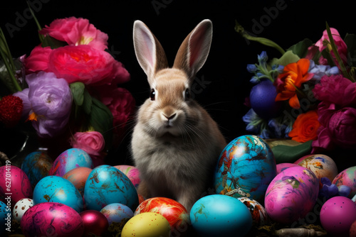 Bunny with Easter eggs. Generative AI © Artsiom P