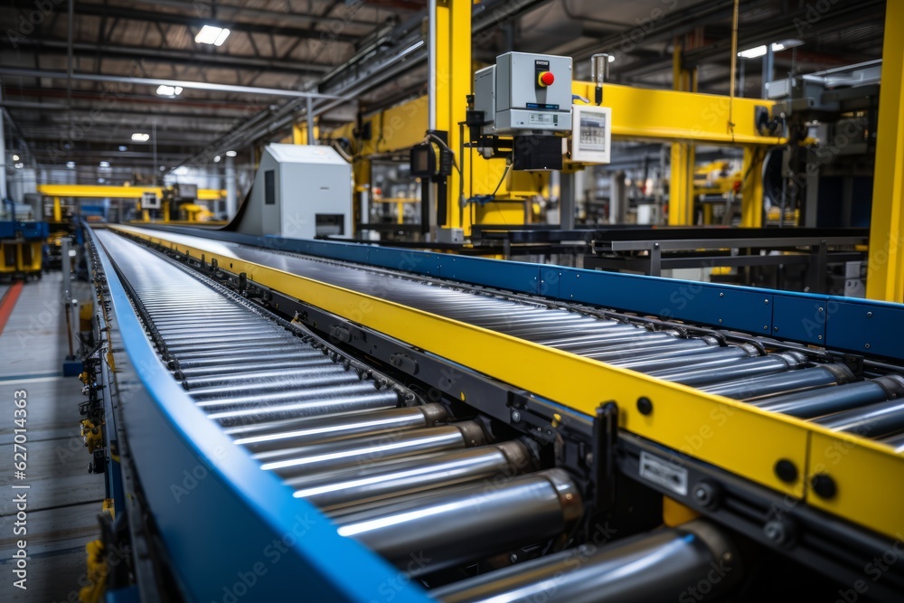 A high-speed conveyor belt showcasing the seamless production process in a modern manufacturing plant. Generative Ai