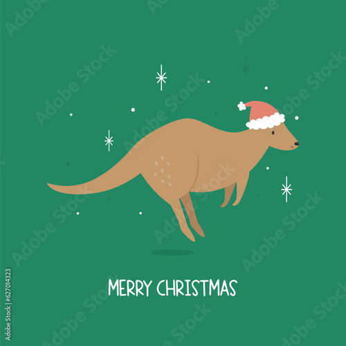 Christmas greeting card with a funny jumping kangaroo in a Santa hat