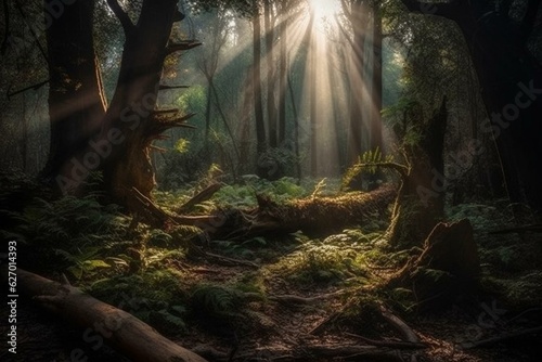 A ray of light amidst a magical forest. Generative AI