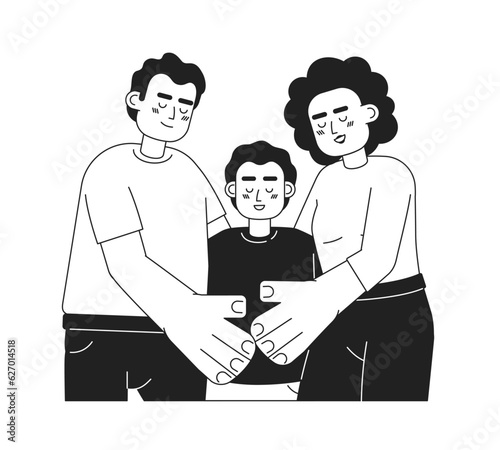 Mixed race parents with smiling son monochromatic flat vector characters. Family time. Two parents child. Editable thin line people on white. Simple bw cartoon spot image for web graphic design