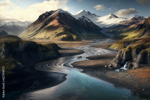 Scenic view of Icelandic mountains and river. Generative AI