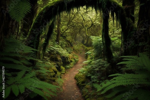 A lush forest trail with ancient trees & ferns. Generative AI