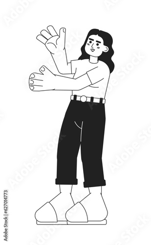 Excited latina woman stretching out hands monochromatic flat vector character. Brunette girl raised arms. Editable thin line person on white. Simple bw cartoon spot image for web graphic design