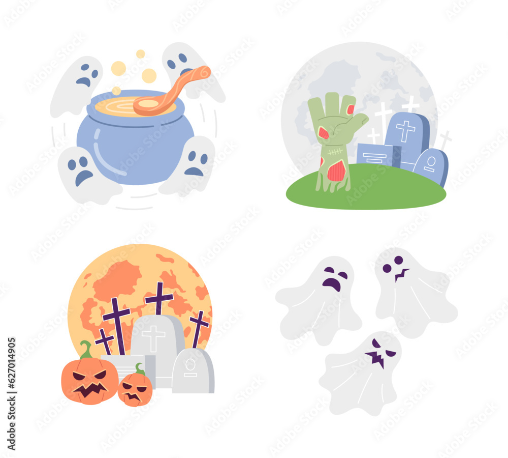 Graveyard Halloween party flat concept vector spot illustration set. Spooky ghosts, tombstones 2D cartoon scenes on white for web UI design. Scary Helloween isolated editable creative hero image pack