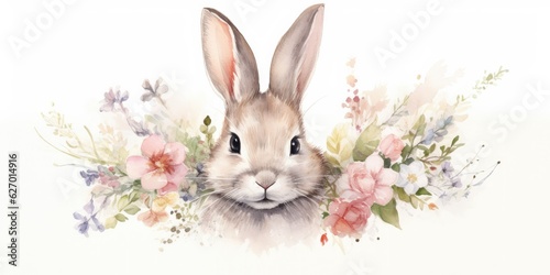  Watercolor Rabbit with Flower Wreath - Springtime Beauty - Floral Harmony - Nature's Crown Generative AI Digital Illustration