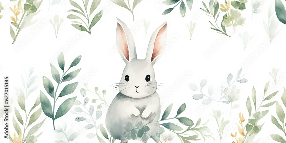 Watercolor Rabbit Seamless Pattern Cute White Rabbits and Leaves