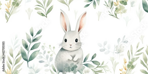 Watercolor Rabbit Seamless Pattern - Cute White Rabbits and Leaves - Wild Animals and Eucalyptus Generative AI Digital Illustration