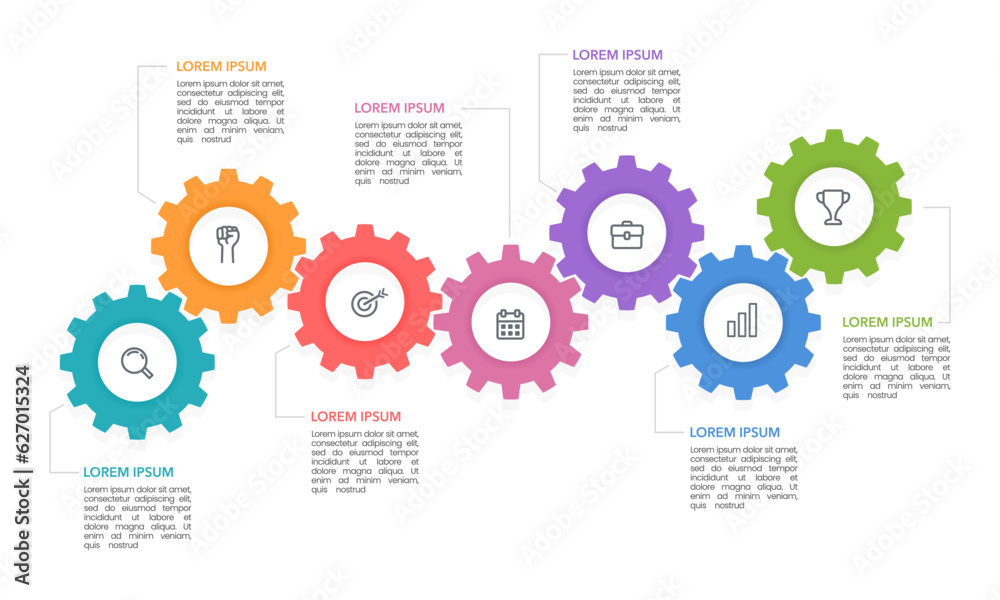 Gears infographics 7 options. Cogwheels, Engineering. Business presentation. Vector Illustration. Gears infographics 7 options. Cogwheels, Engineering. Business presentation. Vector Illustration.