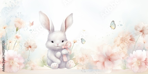 Spring Bunny Watercolor Illustration - Bunny and Flowers in Pastel Tones - Generative AI Digital Illustration