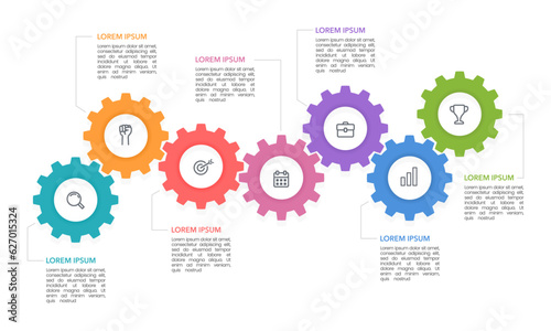 Gears infographics 7 options. Cogwheels, Engineering. Business presentation. Vector Illustration.