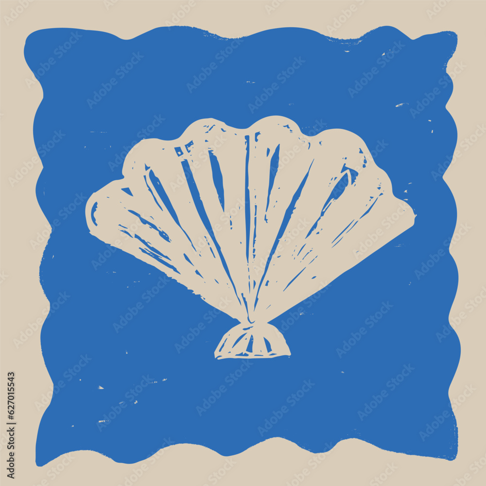 Seashell drawing with shabby texture vector illustration nautical motif. Boho style background with conch template for restaurant, logo, print, card, invitation, poster. Symbol for beach, sea, seafood