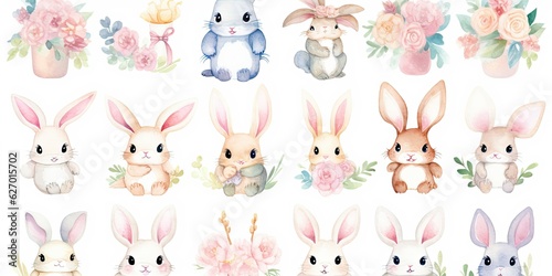 Watercolor Bunny  Watercolor Clipart Bunny - Whimsical Style - Isolated on White - Soft Watercolor Tones   Generative AI Digital Illustration