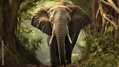 In the forest  an elephant stands among abundant trees.  Generative AI 