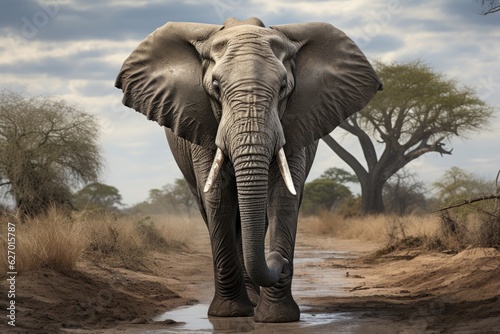 Elephant close-up with background trees.  Generative AI 