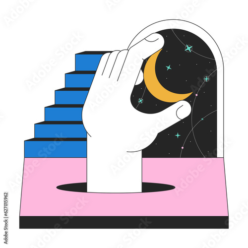 Fantasy surreal night flat line concept vector spot illustration. Staircase crescent 2D cartoon outline scene on white for web UI design. Holding moon esoteric editable isolated color hero image