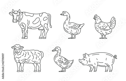 Farm animals line icons design. Cow, goose, duck, hen, sheep, pig illustrations. Domestic animals icons vector editable stroke. Farm line icons.