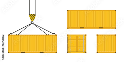 Collection of cargo container from different sides. Yellow cargo container set. Container hanging on a crane hook