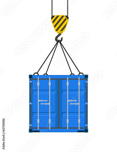 Blue cargo container door hanging on a crane hook. Crane hook. Vector illustration isolated on a white background.