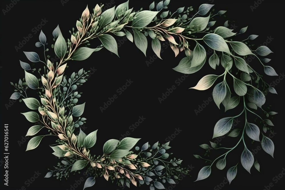 Floral wreath of overgrown leaves isolated on transparent background. Generative AI