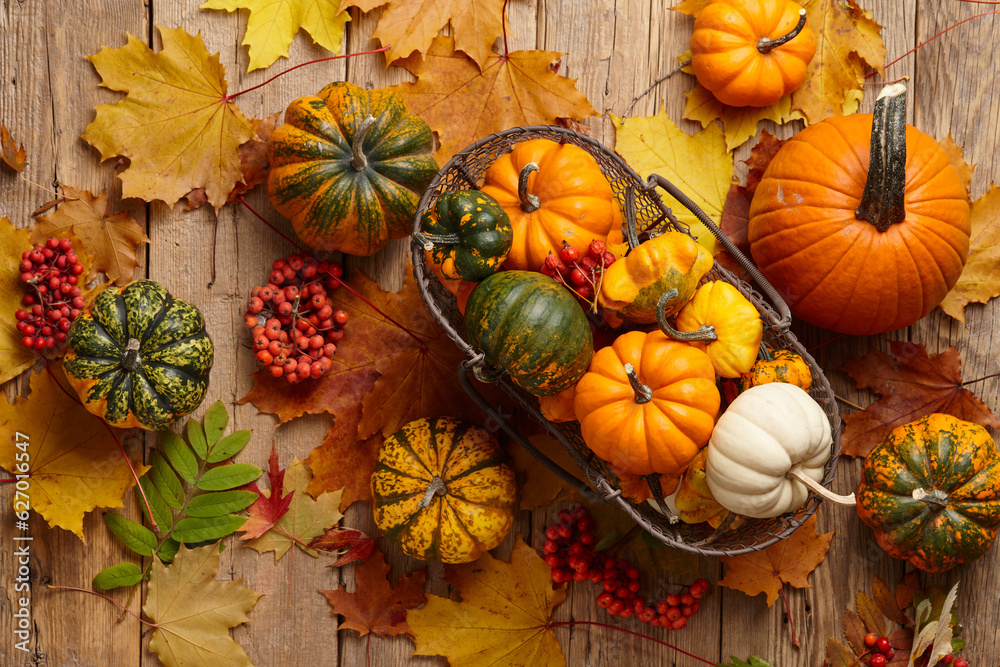 Colorful gourds in basket on fall leaves background