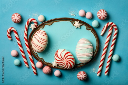 Festive eggs, candy canes on blue bg with center space for message. Generative AI photo