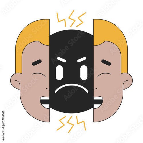 Two faced flat line concept vector spot illustration. Hypocrite fake guy split face 2D cartoon outline character on white for web UI design. Bipolar disorder editable isolated color hero image