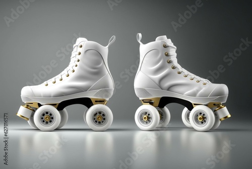 Mockup of white roller skates on gray background with wheels. Generative AI