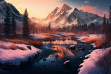 A vibrant landscape at sunrise featuring a river and snow-capped mountains. Generative AI