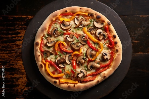 An overhead, top-down view of a delicious, freshly-made Neapolitan mushroom and peppers pizza straight from the oven. Generative AI.