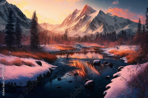 A vibrant landscape at sunrise featuring a river and snow-capped mountains. Generative AI