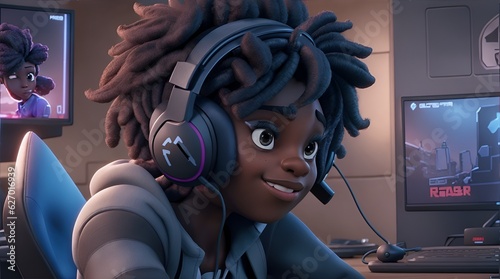 Teenager playing games with gamer headset - Cartoon character illustration