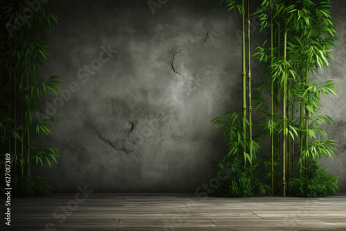 Green bamboo stems against concrete grey wall, Generative AI