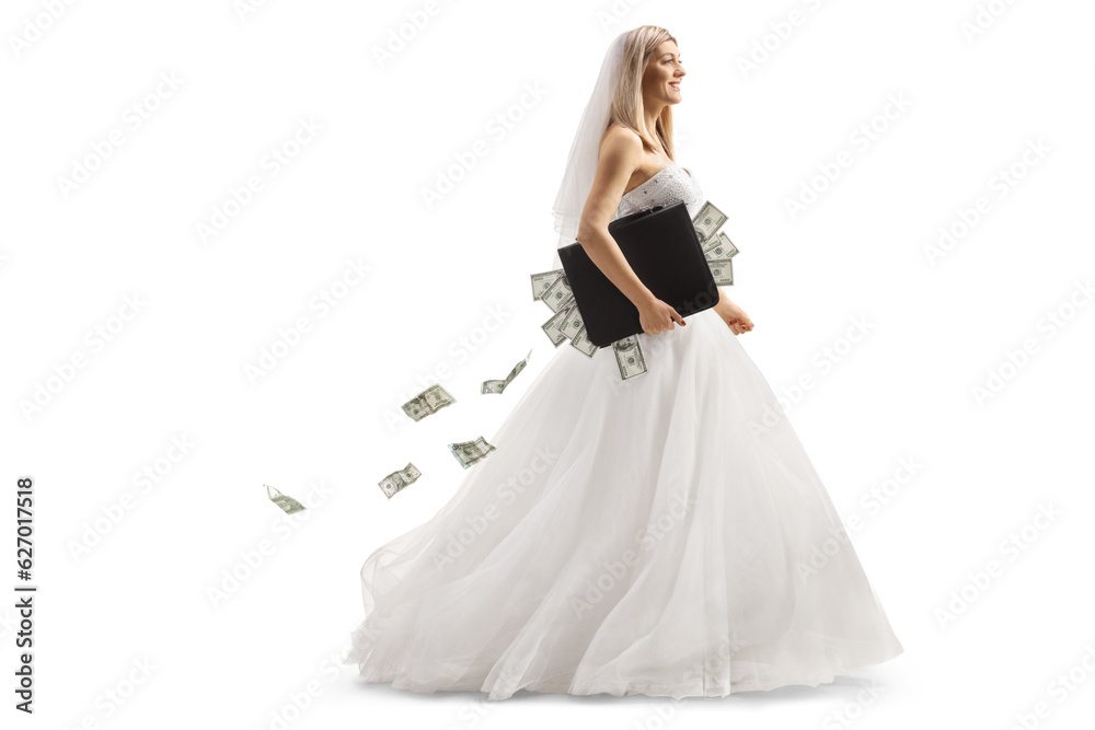 Full length profile shot of a bride walking with a briefcase full of money Full length profile shot of a bride walking with a briefcase full of money