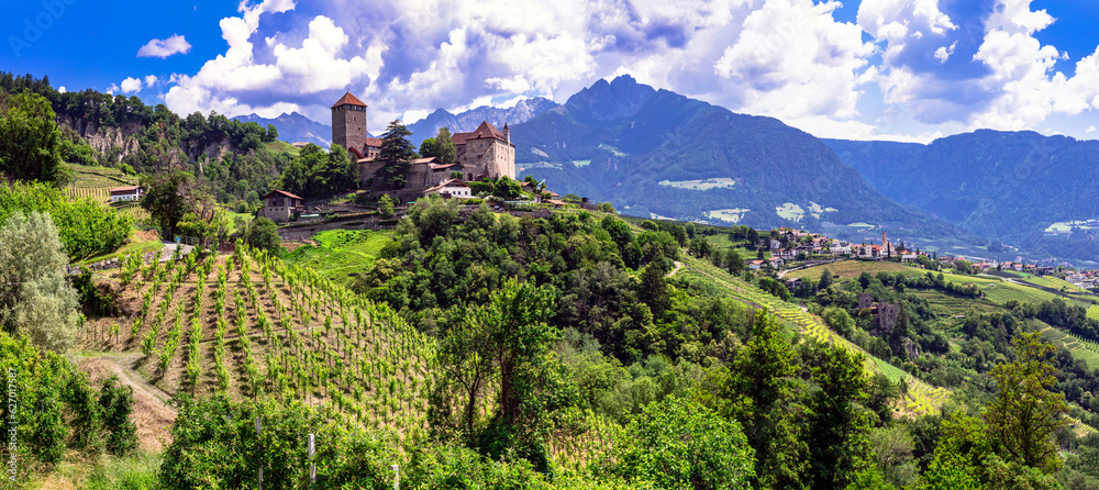 Italian medieval castles - majestic Tirolo Castle in Merano. surrounded by Alps mountains and vineyards. Bolzano province, Italy - obrazy, fototapety, plakaty 