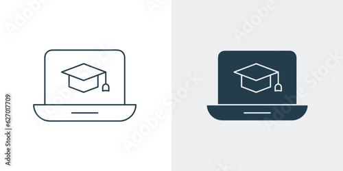 E learning education icon vector. Graduation cap inside laptop line and solid icon illustration