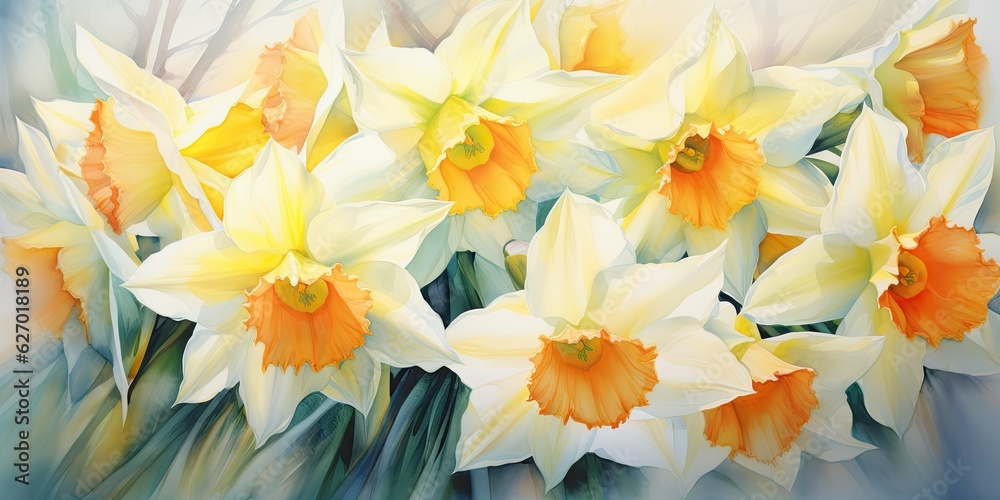 Daffodil Watercolor  Pastel Delights - Daffodil Serenity - Soft Watercolor Elegance for a Soothing Ambiance.  Generative AI Digital Illustration