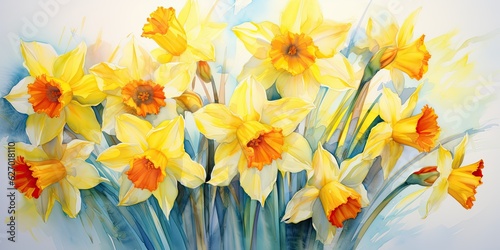 Daffodil Watercolor  Vibrant Daffodils - Serenade of Colors - Watercolor Wonders in Spring's Embrace  Generative AI Digital Illustration © Cool Patterns