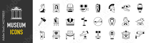 Museum icon set. Gallery Navigation Vector signs. Related symbols of sculpture, picture, art, egypt mummy, relic, fossil, cctv and more.