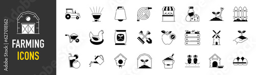 Farm, Farming, Agriculture - Web icon set. Contains such Icons as Greenhouse, Haystack, Harvest and more. Icons collection. Simple vector illustration. 
