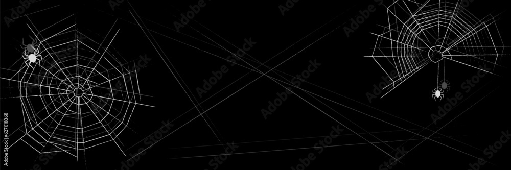 Obraz premium Halloween background with spider web. Abstract textured line cobwebs with spiders isolated on black backdrop. Banner, poster template with copy space. Vector illustration
